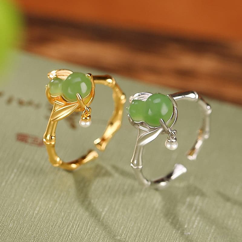 Natural Green Jade Pearl Bamboo Hulu Adjustable Ring.