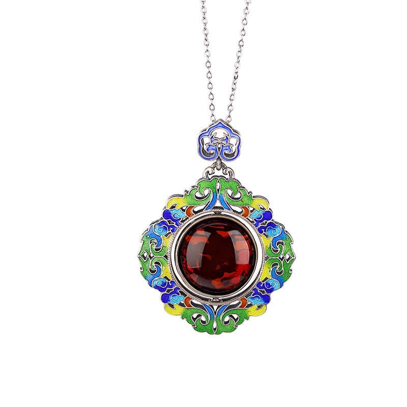 Natural Blood Amber Cloisonné Crafted Lotus Flower Spinning Necklace.