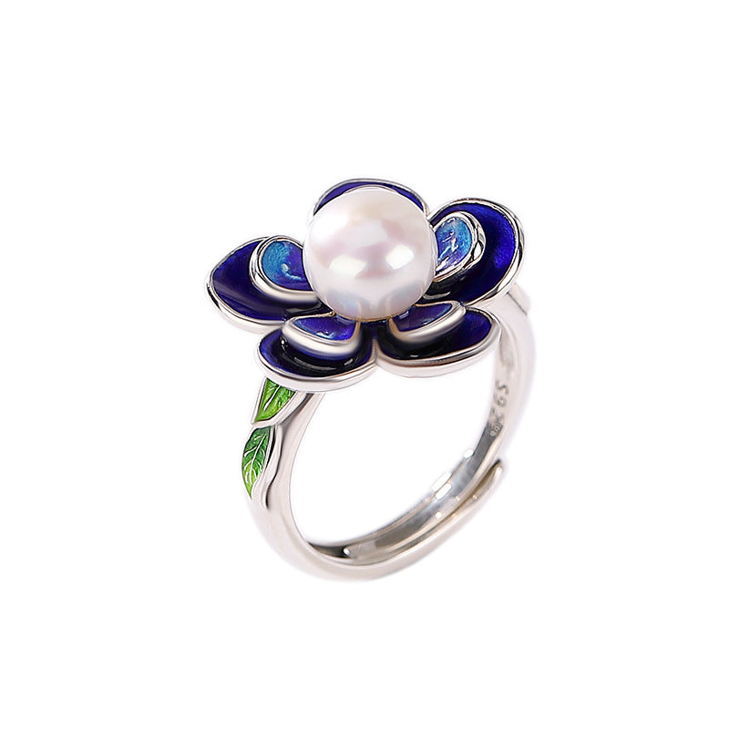 Natural Pearl Cloisonné Flower Adjustable Ring