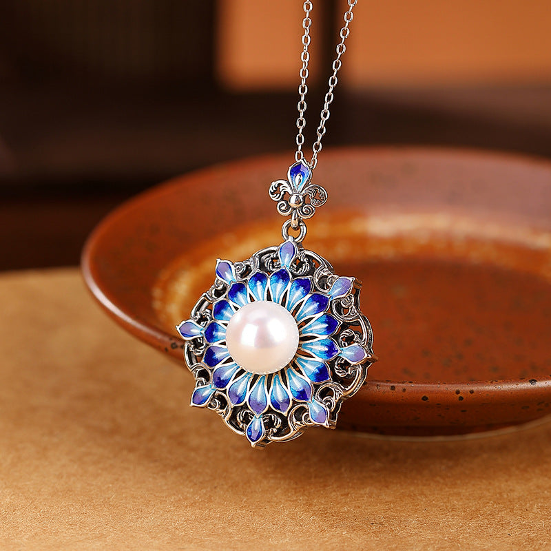 Natural Pearl Cloisonné Craft Pendant Necklace