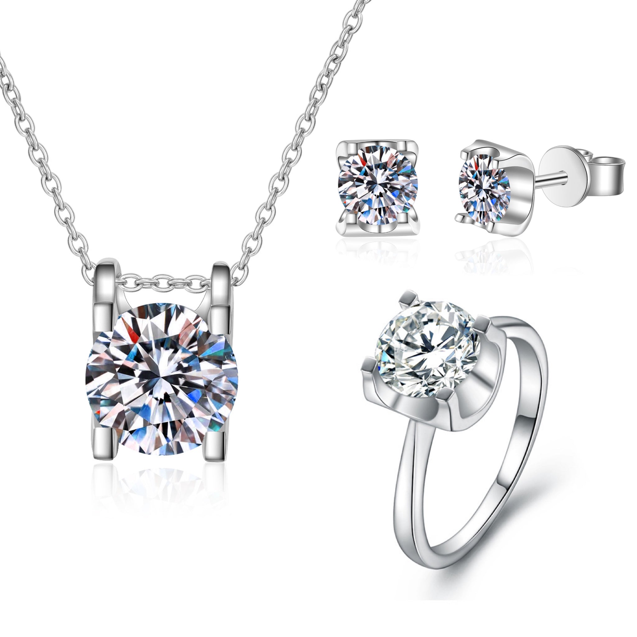 S925 real moissanite D color 1CT and 2CT ring necklace earrings set (with GRA certificate).