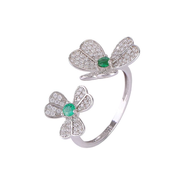 Natural Emerald Topaz Two Flowers Adjustable Ring.