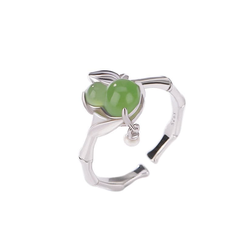 Natural Green Jade Pearl Bamboo Hulu Adjustable Ring.
