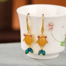 Natural Yellow Amber Koi Cloisonné Craft Hook Earrings.
