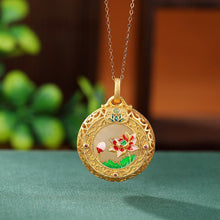 Natural White Jade Cloisonné Lotus Flower Necklace.