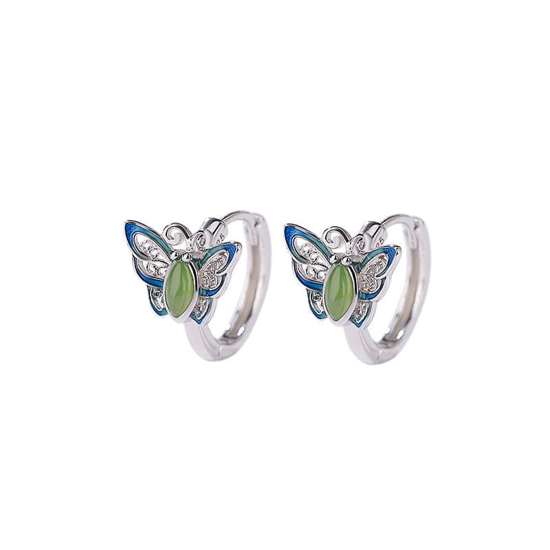 Natural Green Jade Cloisonné Butterfly Circle Earrings.