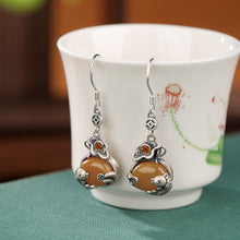 Natural Yellow Amber Koi Money Bag Hooks Earrings.