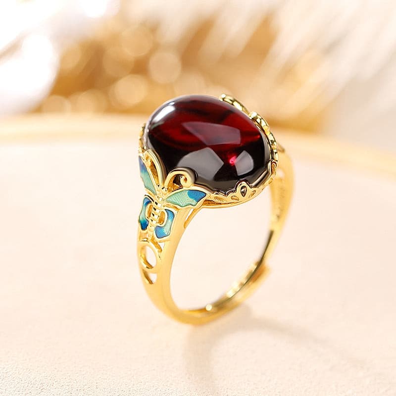 Natural Blood Amber Cloisonné Butterfly Adjustable Ring.