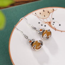 Natural Yellow Amber Koi Money Bag Hooks Earrings.