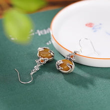 Natural Yellow Amber Koi Money Bag Hooks Earrings.
