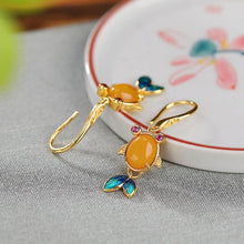 Natural Yellow Amber Koi Cloisonné Craft Hook Earrings.
