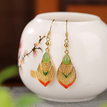 Natural Green Jade Cloisonné Hook Earrings.