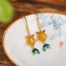 Natural Yellow Amber Koi Cloisonné Craft Hook Earrings.