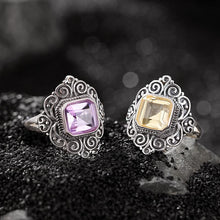 Natural Amethyst Citrine Princess Cut Old Silver Adjustable Ring.