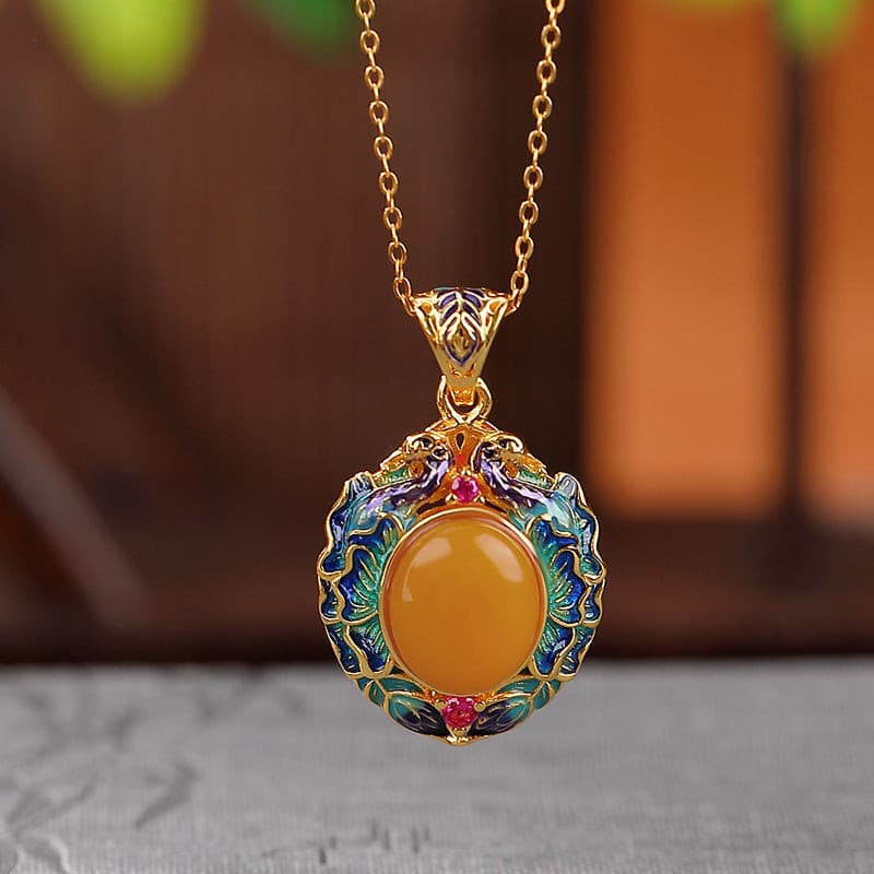 Natural Yellow Amber Cloisonné Necklace.