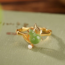 Natural Green Jade Pearl Bamboo Hulu Adjustable Ring.