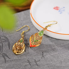 Natural Green Jade Cloisonné Hook Earrings.