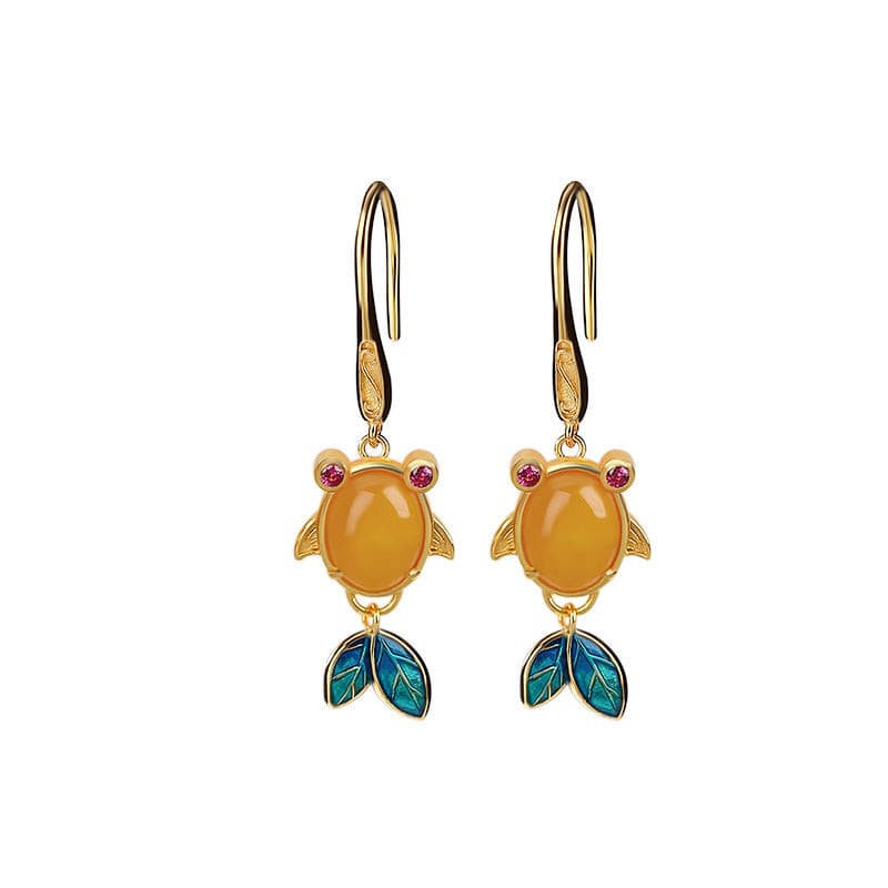 Natural Yellow Amber Koi Cloisonné Craft Hook Earrings.