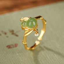 Natural Green Jade Pearl Bamboo Hulu Adjustable Ring.