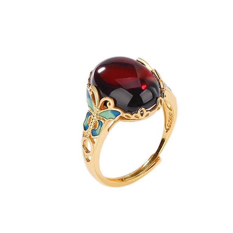 Natural Blood Amber Cloisonné Butterfly Adjustable Ring.