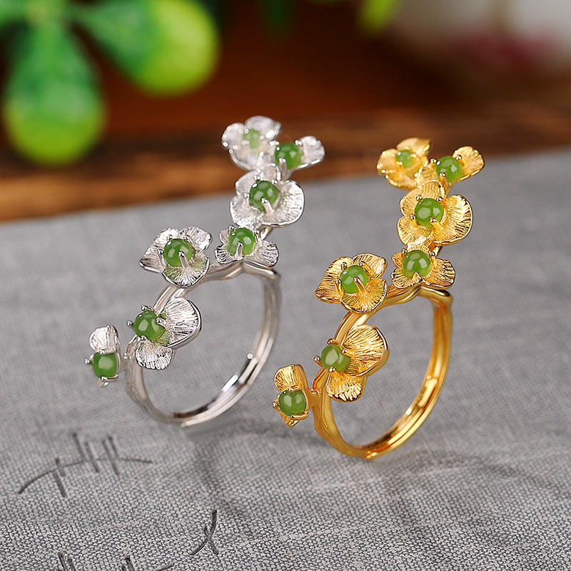 Natural Green Jade Flower Vintage Adjustable Ring.