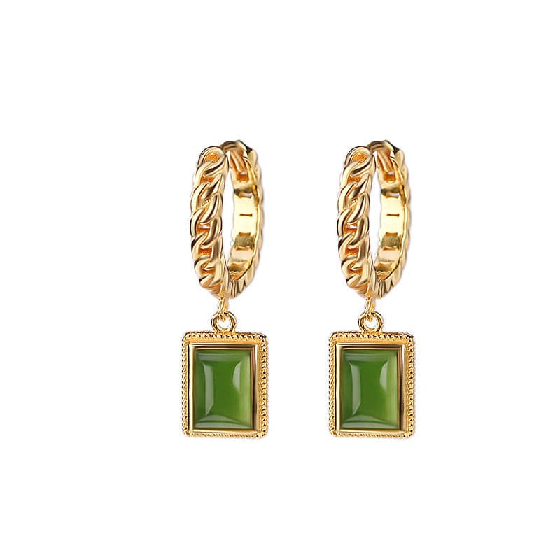 Natural Green Jade Square Hook Earrings.
