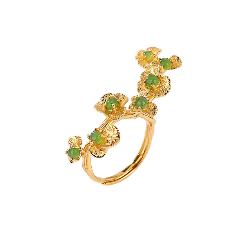 Natural Green Jade Flower Vintage Adjustable Ring.