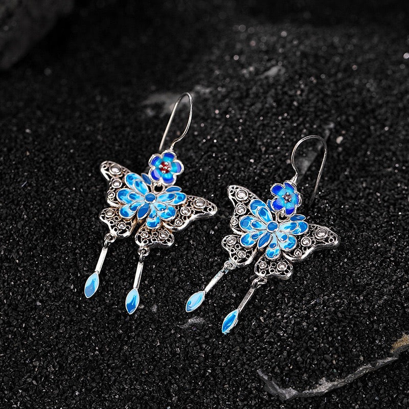 Sterling Silver Cloisonné Butterfly Earrings