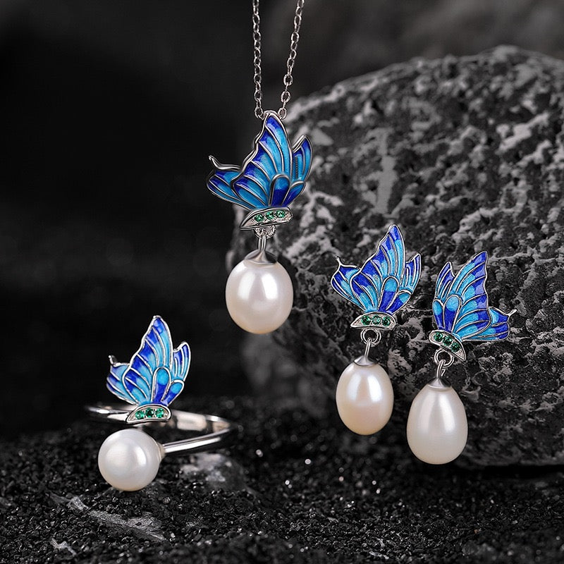 Sterling Silver Natural Freshwater Pearl Cloisonne Craft Butterfly Set