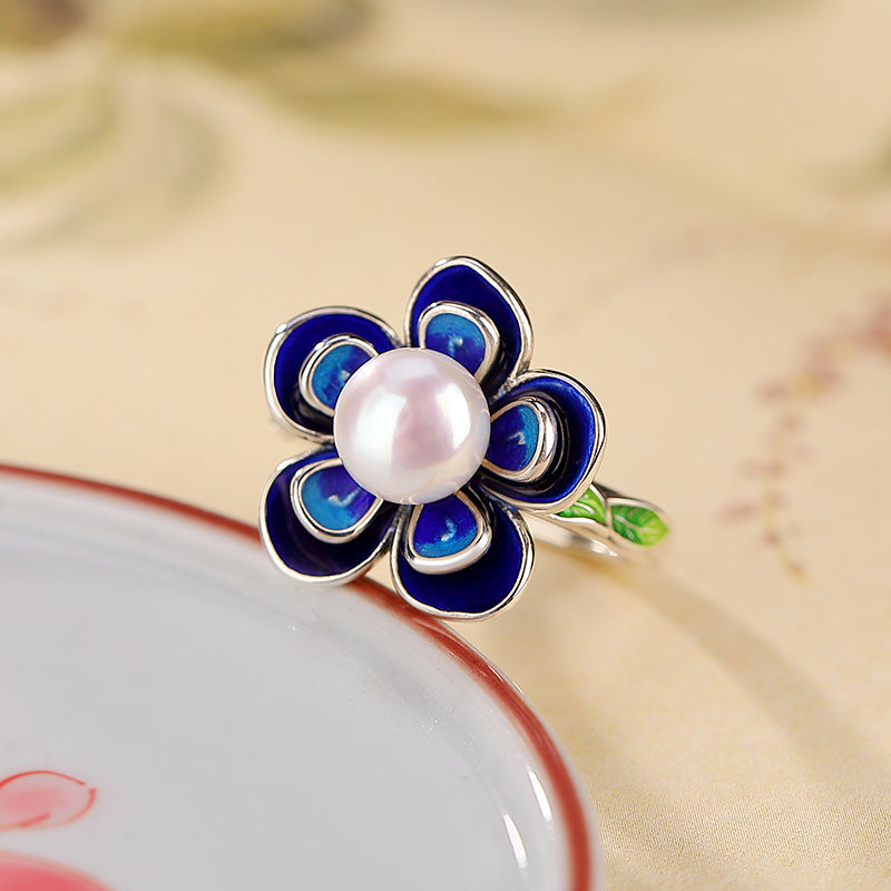 Natural Pearl Cloisonné Flower Adjustable Ring