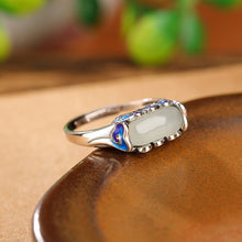 Natural White Jade Cloisonné Lucky Cloud Rectangle Adjustable Ring