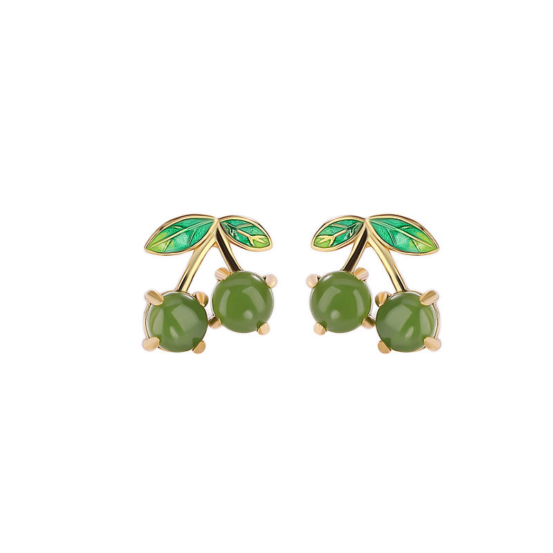 Natural Green Jade Cloisonné Crafted Cherry Earrings