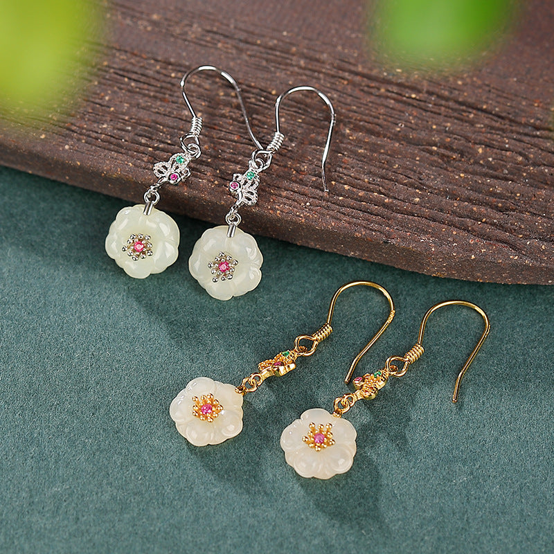 Natural White Jade Butterfly and Plum Blossom Earrings