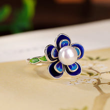Natural Pearl Cloisonné Flower Adjustable Ring
