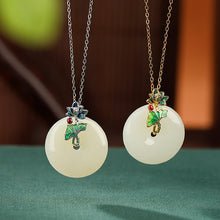 Natural White Jade Cloisonné Lotus Flower Donut Necklace Pendant