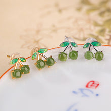 Natural Green Jade Cloisonné Crafted Cherry Earrings