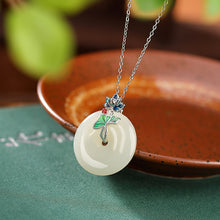 Natural White Jade Cloisonné Lotus Flower Donut Necklace Pendant
