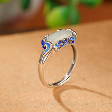 Natural White Jade Cloisonné Lucky Cloud Rectangle Adjustable Ring