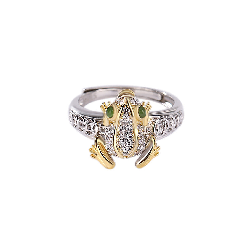 Natural Green Jade Golden Toad Frog Adjustable Ring
