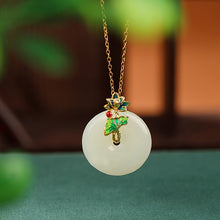 Natural White Jade Cloisonné Lotus Flower Donut Necklace Pendant