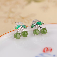 Natural Green Jade Cloisonné Crafted Cherry Earrings