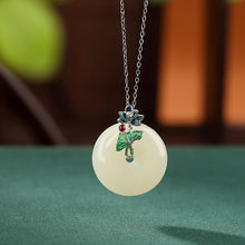 Natural White Jade Cloisonné Lotus Flower Donut Necklace Pendant