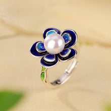 Natural Pearl Cloisonné Flower Adjustable Ring