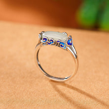 Natural White Jade Cloisonné Lucky Cloud Rectangle Adjustable Ring