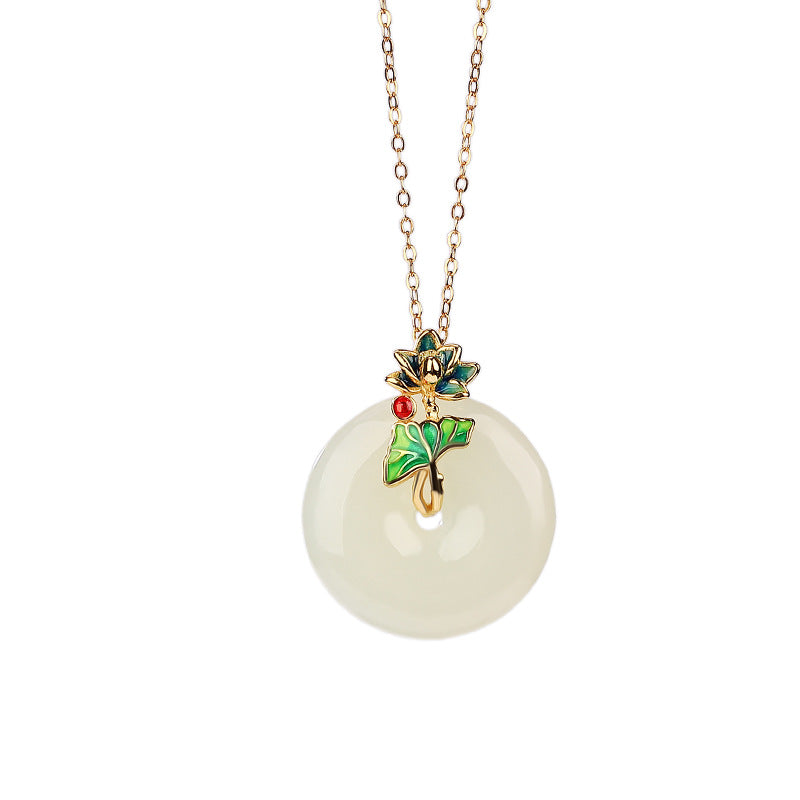 Natural White Jade Cloisonné Lotus Flower Donut Necklace Pendant