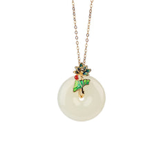 Natural White Jade Cloisonné Lotus Flower Donut Necklace Pendant
