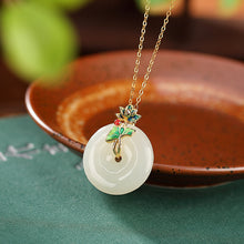 Natural White Jade Cloisonné Lotus Flower Donut Necklace Pendant