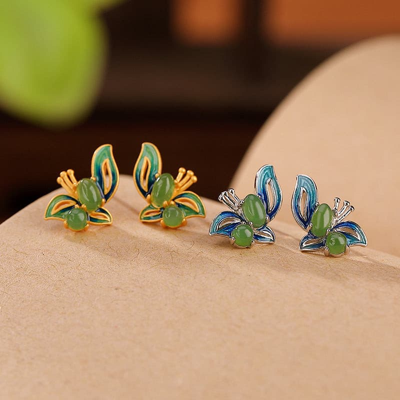 Natural Green Jade Cloisonné Butterfly Earrings.