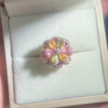 S925 Sterling Silver Natural Tourmaline spinning Flower Ring.