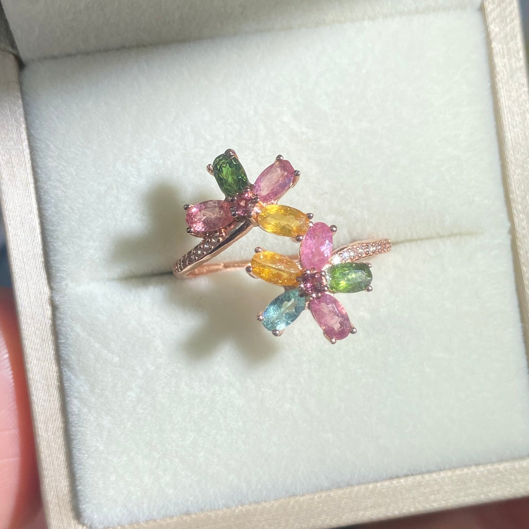 S925 Sterling Silver Natural Tourmaline Flower Ring.